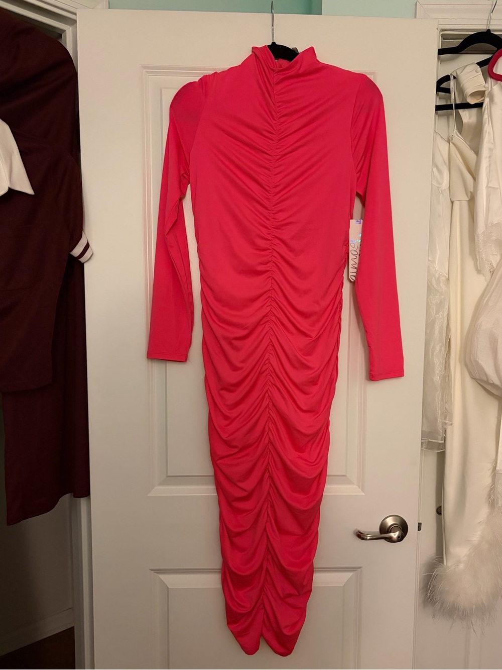 Almost Famous Hot Pink Ruched Long Sleeve Maxi Dress